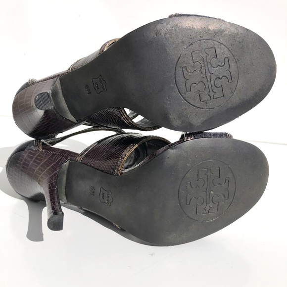 Tory Burch Geoff heel size 6M cage sandal zip linen & snakeskin embossed leather - Picture 11 of 14